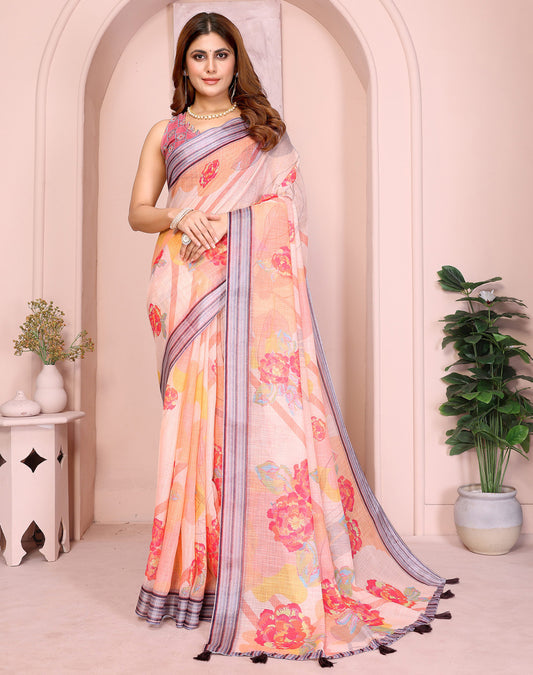 Multi Linen Cotton Saree With Digital Printed Work And Silver Zari Border