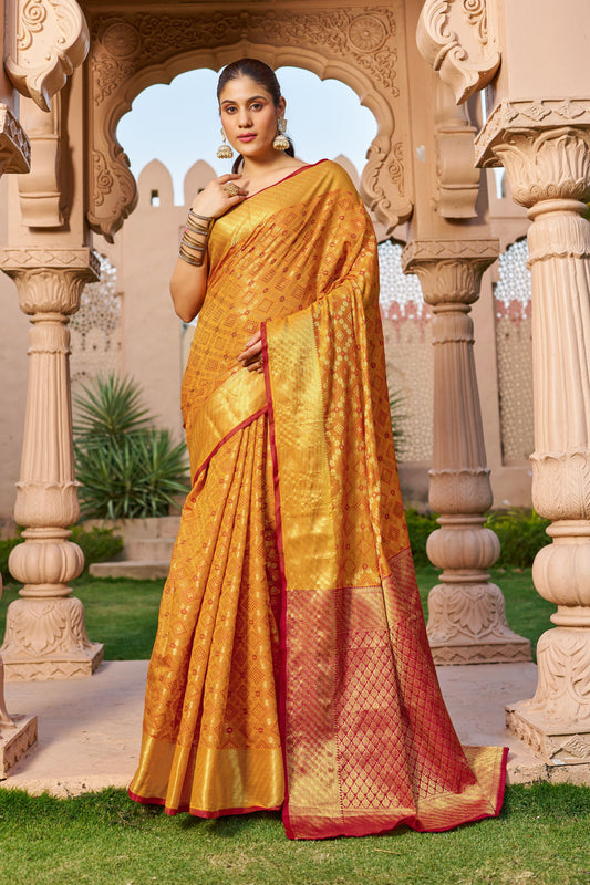 Mustard Yellow Patola Silk Saree With Woven Design | Bridal Wedding & Festive Wear – JaipurSaaj