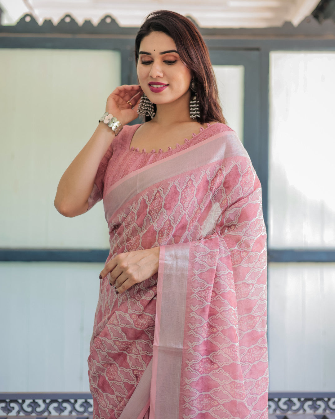 Baby Pink Summer Special Digital Printed Linen Cotton Saree