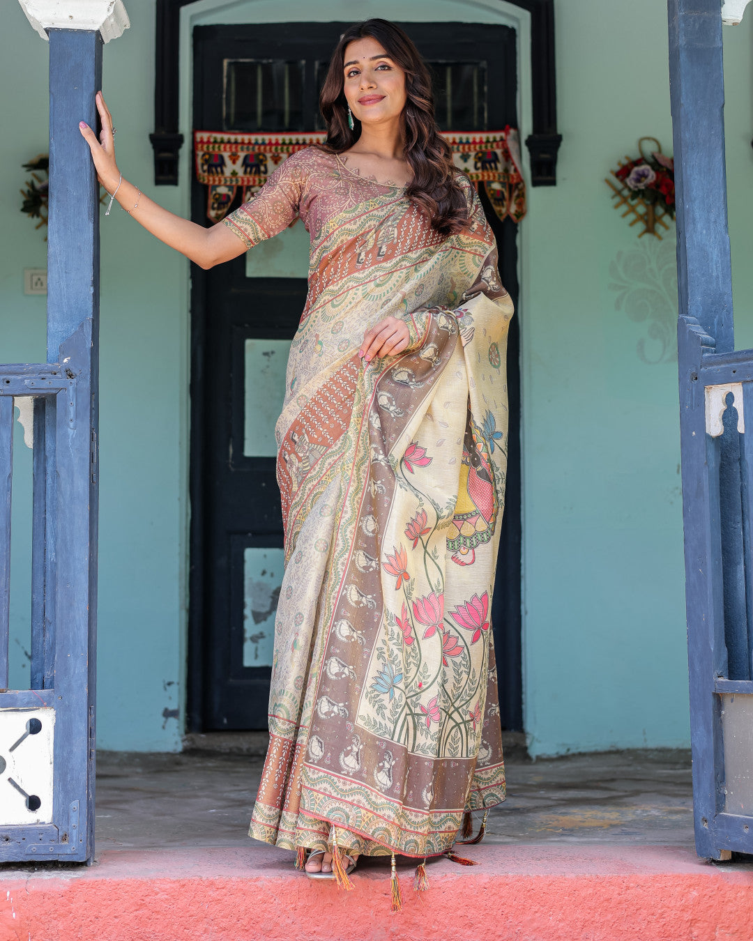 Multi Color Kalamkari Digital Printed Linen Cotton Saree | Summer Casual & Ethnic Wear – JaipurSaaj