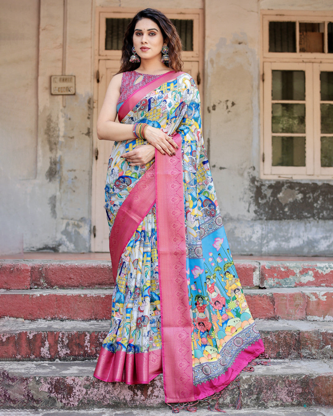 Multi Color Kalamkari Digital Printed Tussar Silk Saree | Designer Festive Ethnic Wear – JaipurSaaj