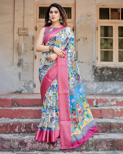 Multi Color Kalamkari Digital Printed Tussar Silk Saree | Designer Festive Ethnic Wear – JaipurSaaj