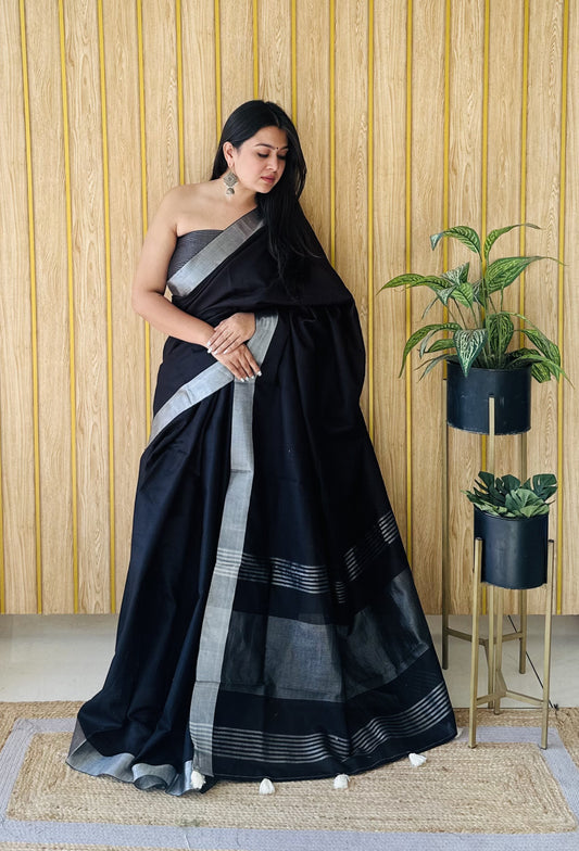 Black Linen Cotton Saree With Silver Zari Border