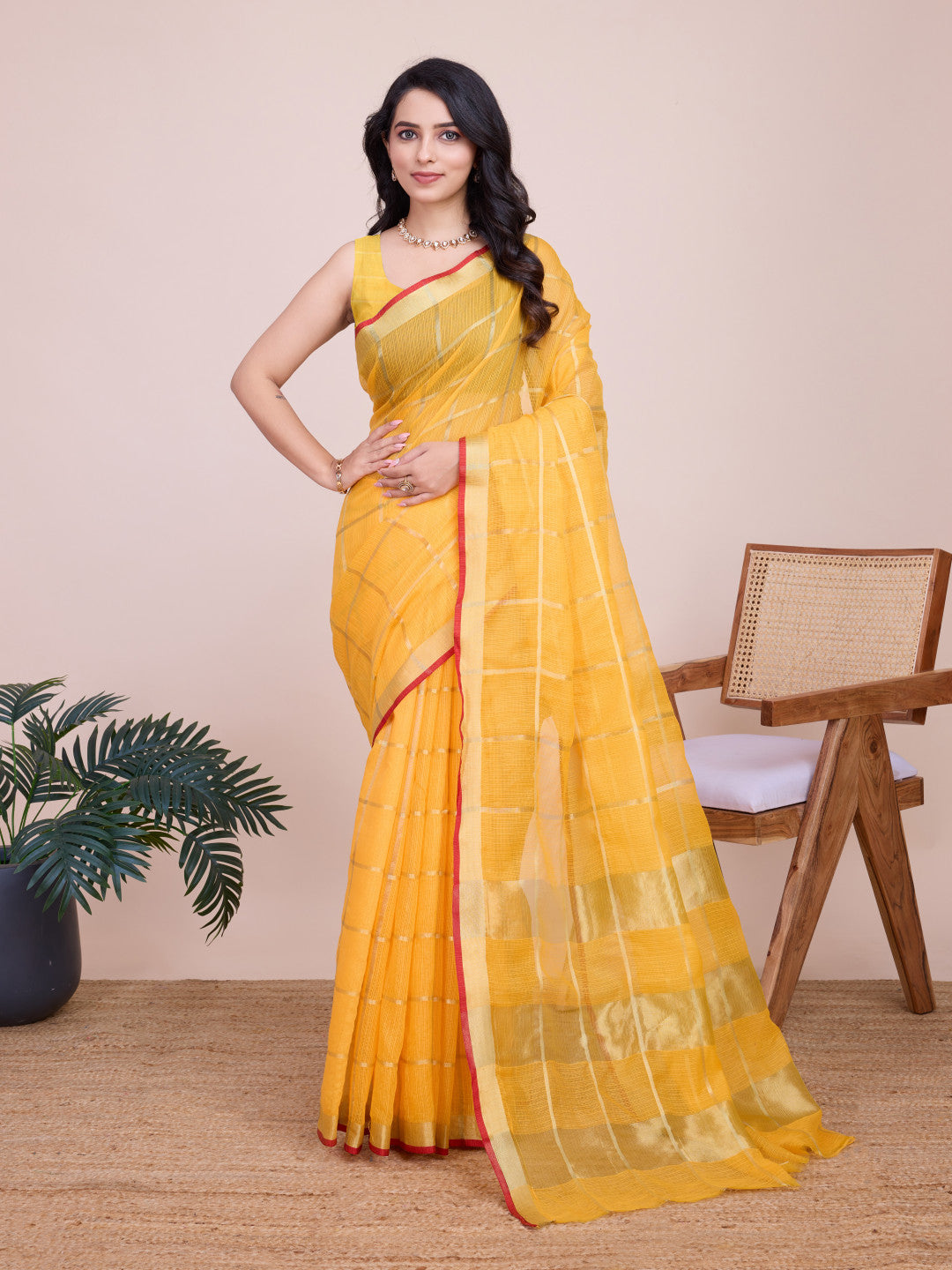 Yellow Kota Doriya Saree With Zari Weaving Work