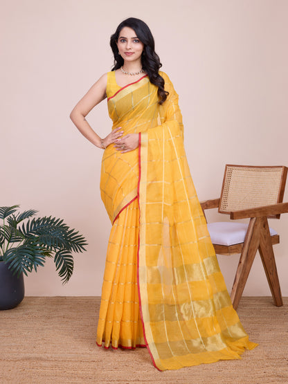 Yellow Kota Doriya Saree With Zari Weaving Work