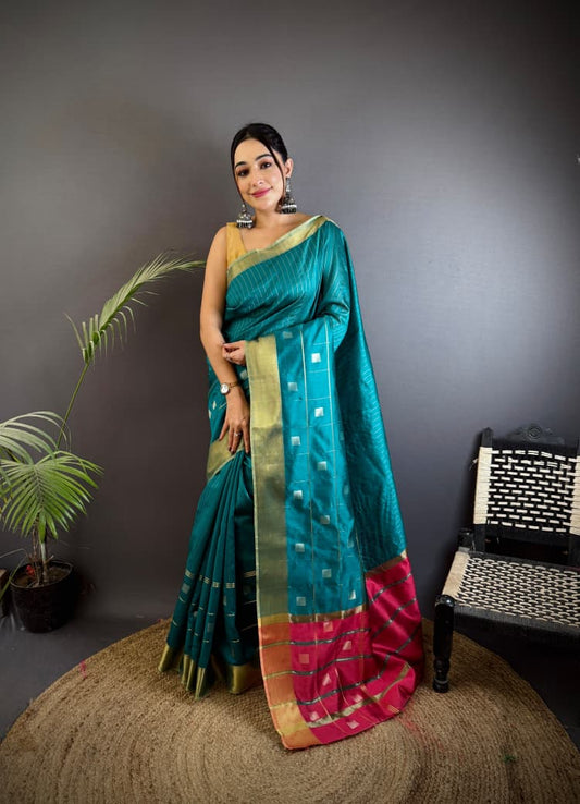 Rama Green Soft Cotton Silk Saree With Zari Weaving Work