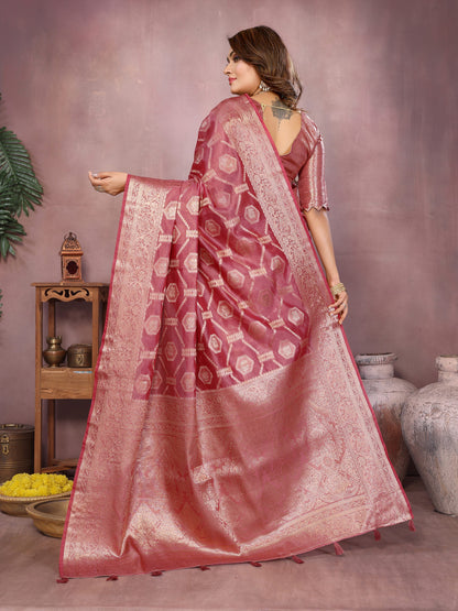 Dusty Pink Organza Silk Banarasi Saree With Zari Weaving Work | Bridal Wedding & Festive Wear – JaipurSaaj