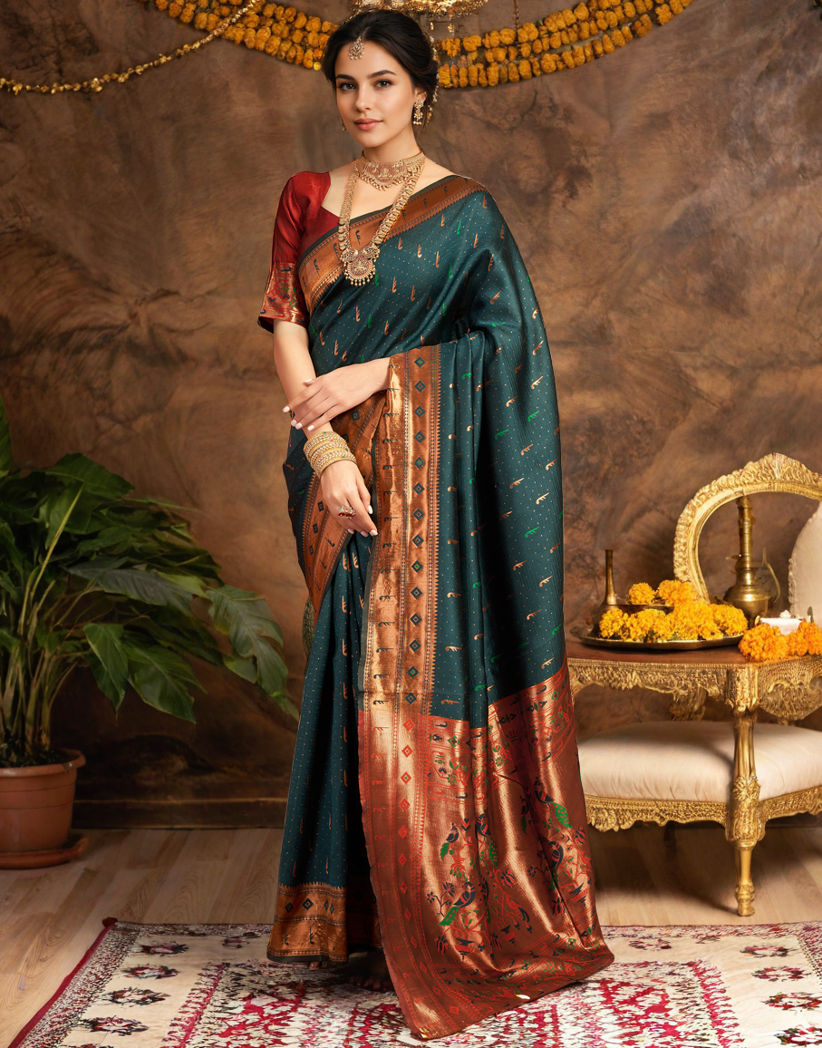 Traditional Dark Green Paithani Silk Saree With Zari Weaving Work