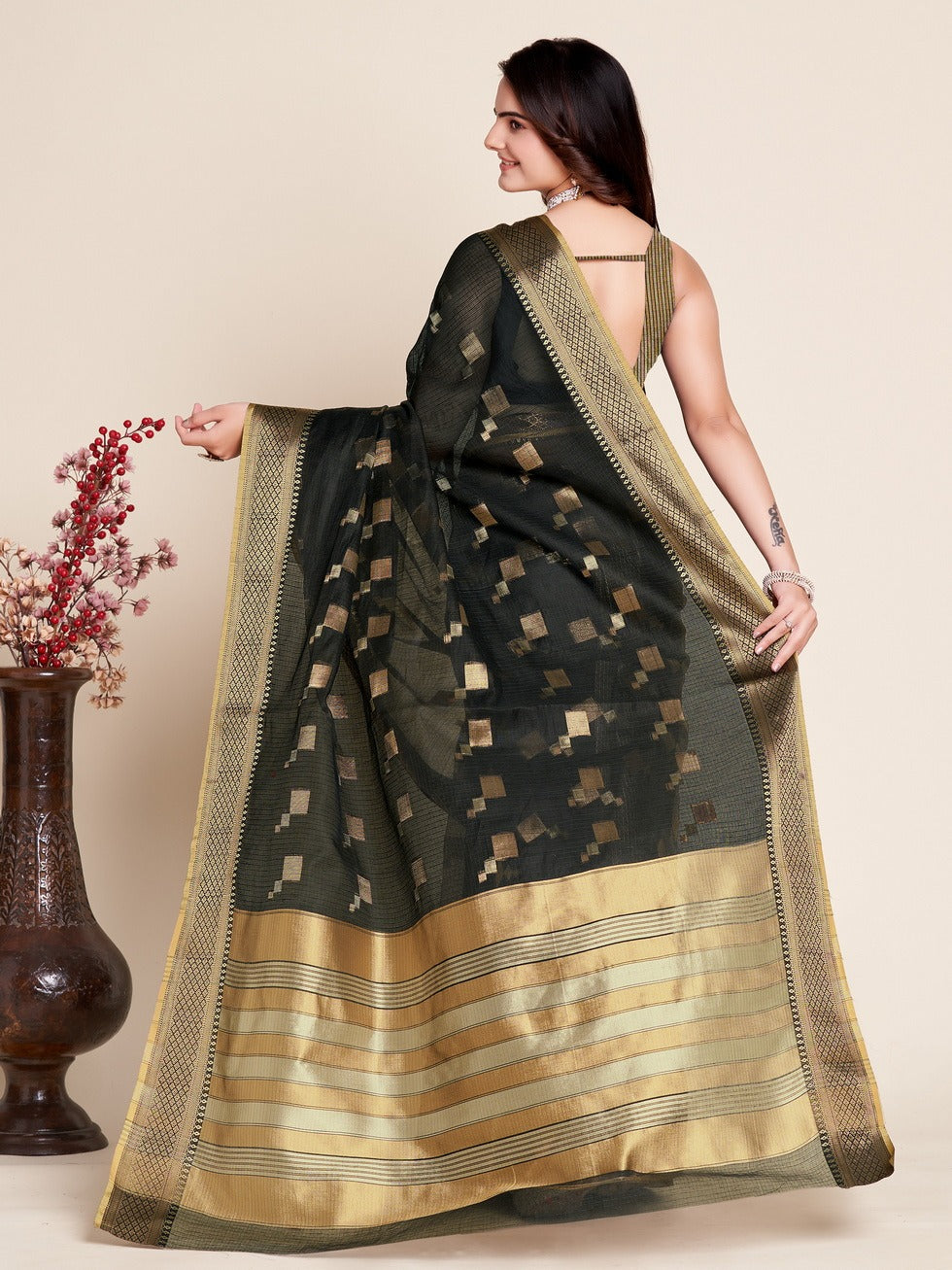 Black Color Kota Doriya Saree With Zari Weaving Work