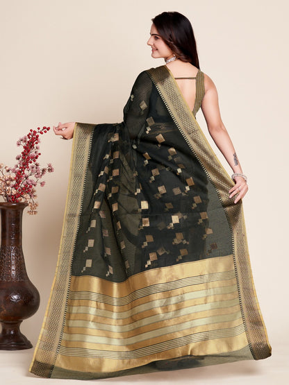 Black Color Kota Doriya Saree With Zari Weaving Work