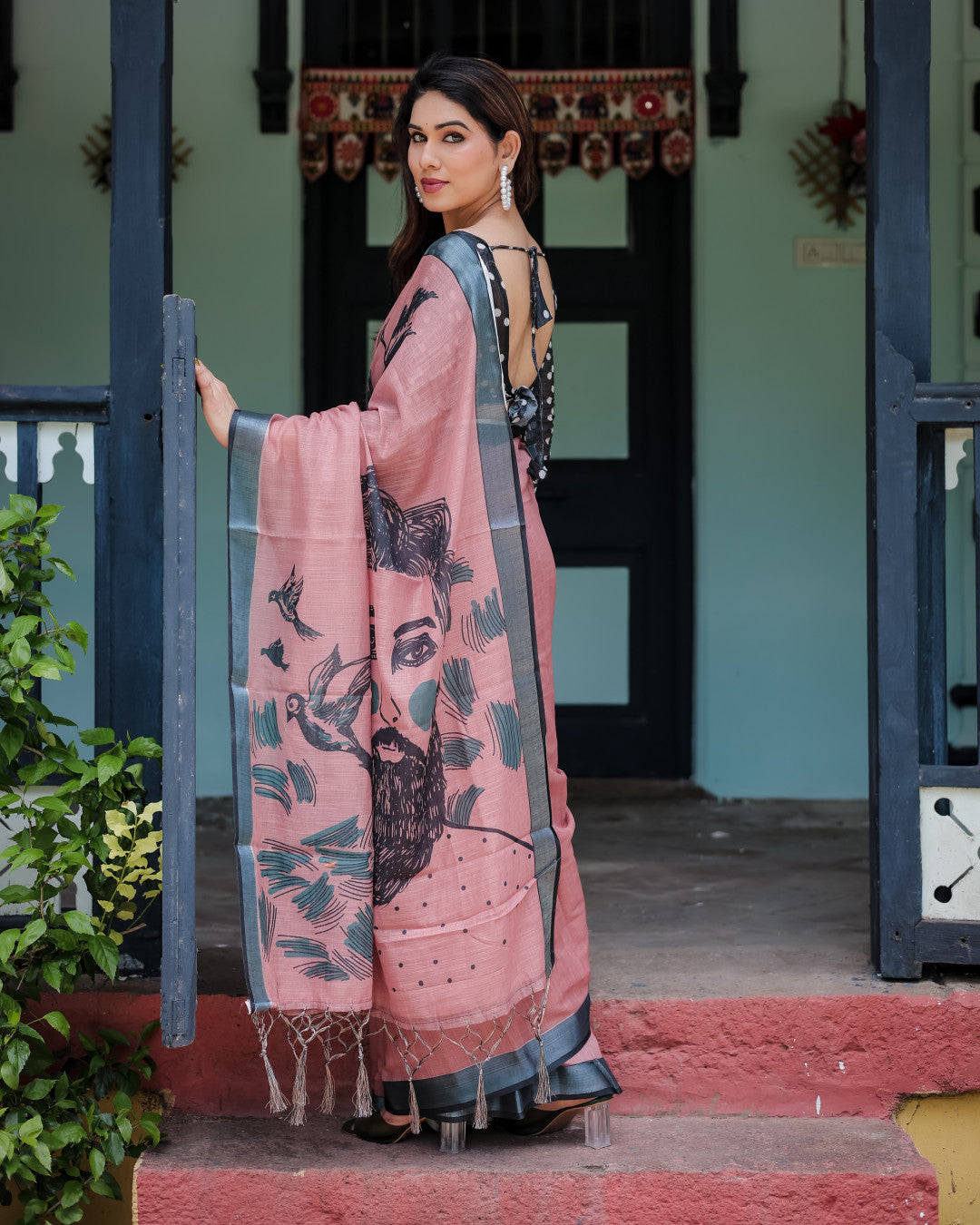 Pink Floral Digital Printed Linen Cotton Saree | Office & Casual Ethnic Wear – JaipurSaaj