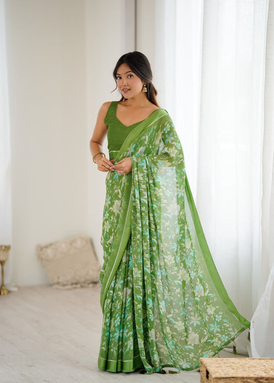 Green Linen Cotton Saree With Flower Digital Printed Work