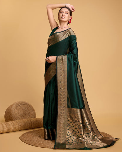 Dark Green Soft Kanchipuram Silk Saree With Zari Weaving Work | Bridal Wedding & Festive Wear – JaipurSaaj
