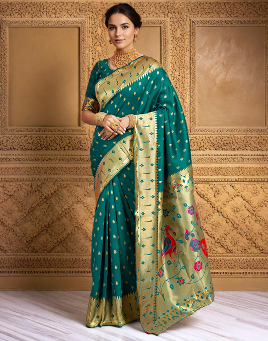 Traditional Rama Green Paithani Silk Saree With Zari Weaving Work