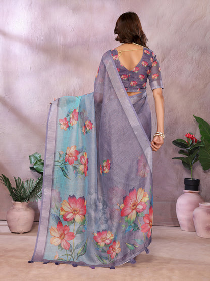 Multi Linen Cotton Saree With Digital Printed Work And Silver Zari Border