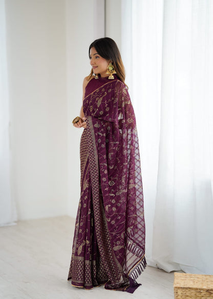 Wine Color Georgette Saree With Digital Printed Work And Lace Border