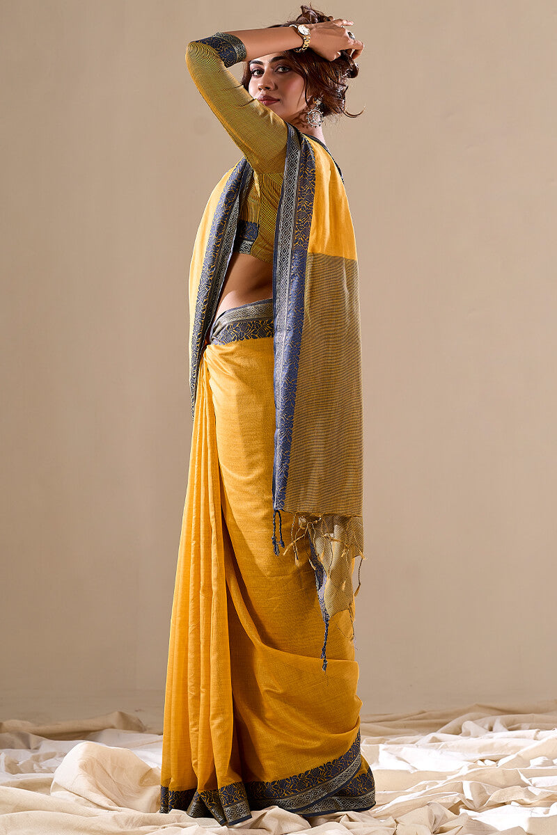 Yellow Linen Cotton Saree With Weaving Work