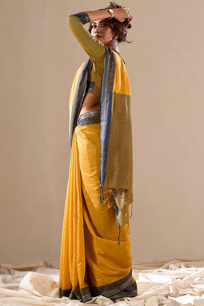 Yellow Linen Cotton Saree With Weaving Work
