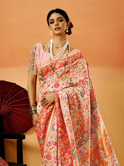 Peach Pashmina Silk Saree With Traditional Woven Design | Festive & Wedding Wear – JaipurSaaj