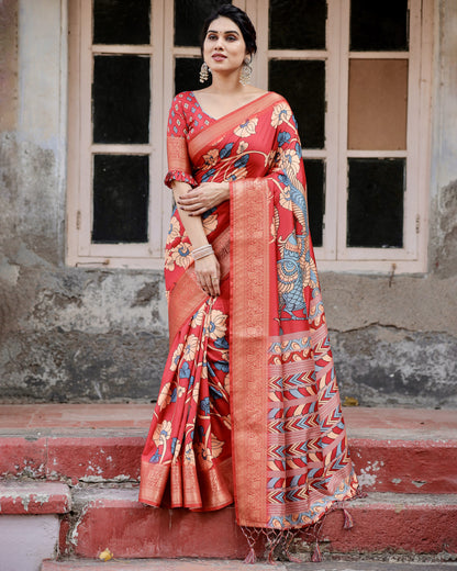 Red Tussar Silk Saree With Digital Kalamkari Print & Zari Motif Border | Casual & Festive Wear – JaipurSaaj
