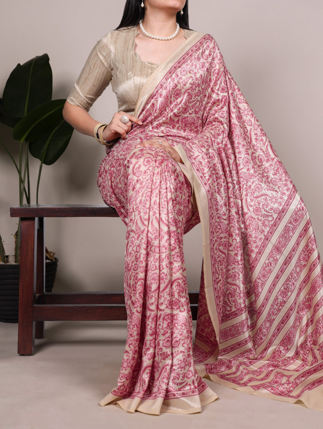 Peach Tussar Silk Saree With Graceful Printed Work | Festive Ethnic Wear – JaipurSaaj
