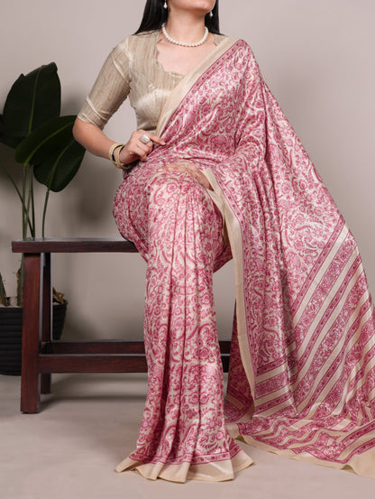 Peach Tussar Silk Saree With Graceful Printed Work | Festive Ethnic Wear – JaipurSaaj