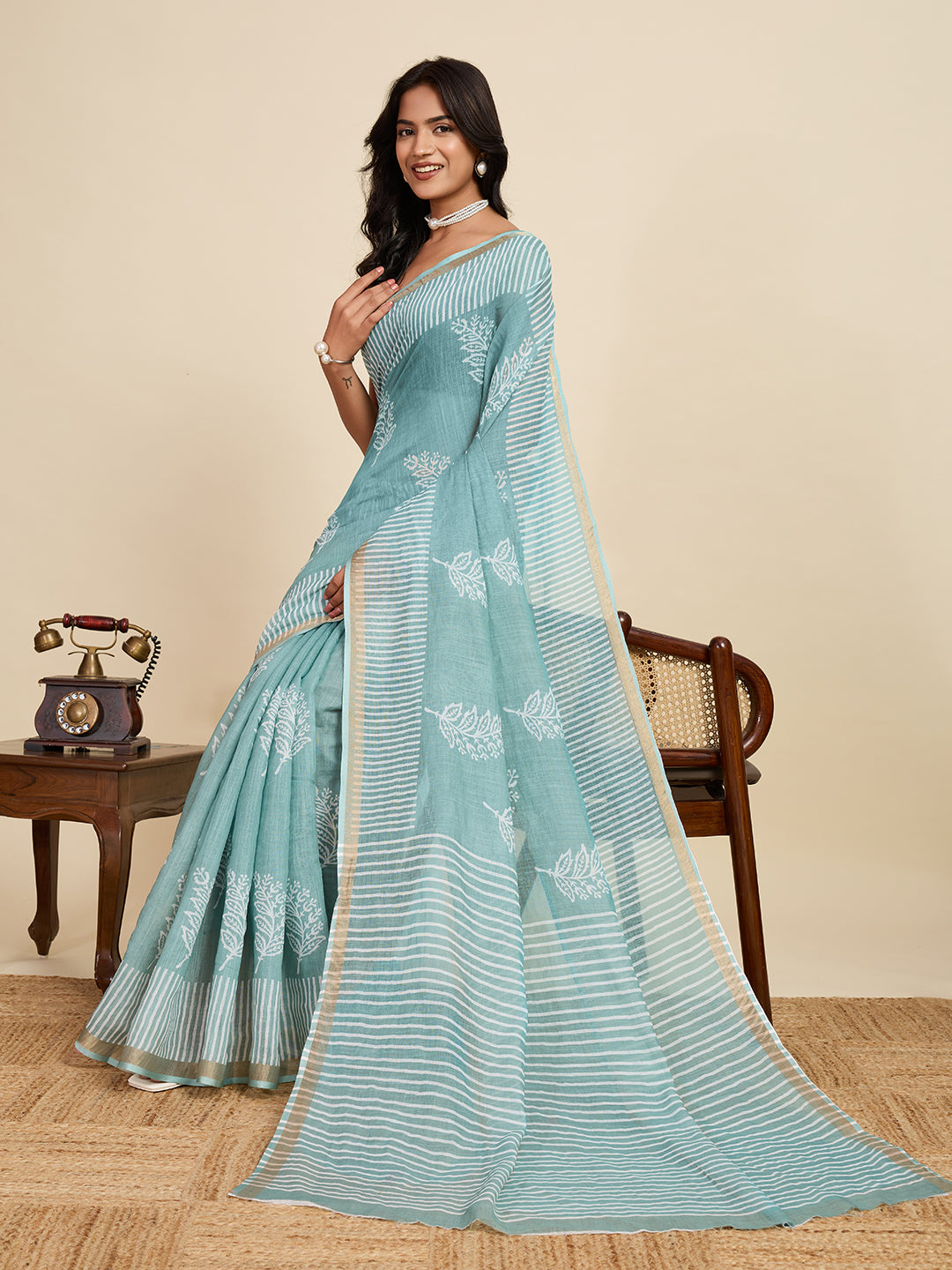 Sea Green Linen Cotton Saree With Digital Printed Work And Silver Zari Border | Lightweight Party & Festive Wear – JaipurSaaj