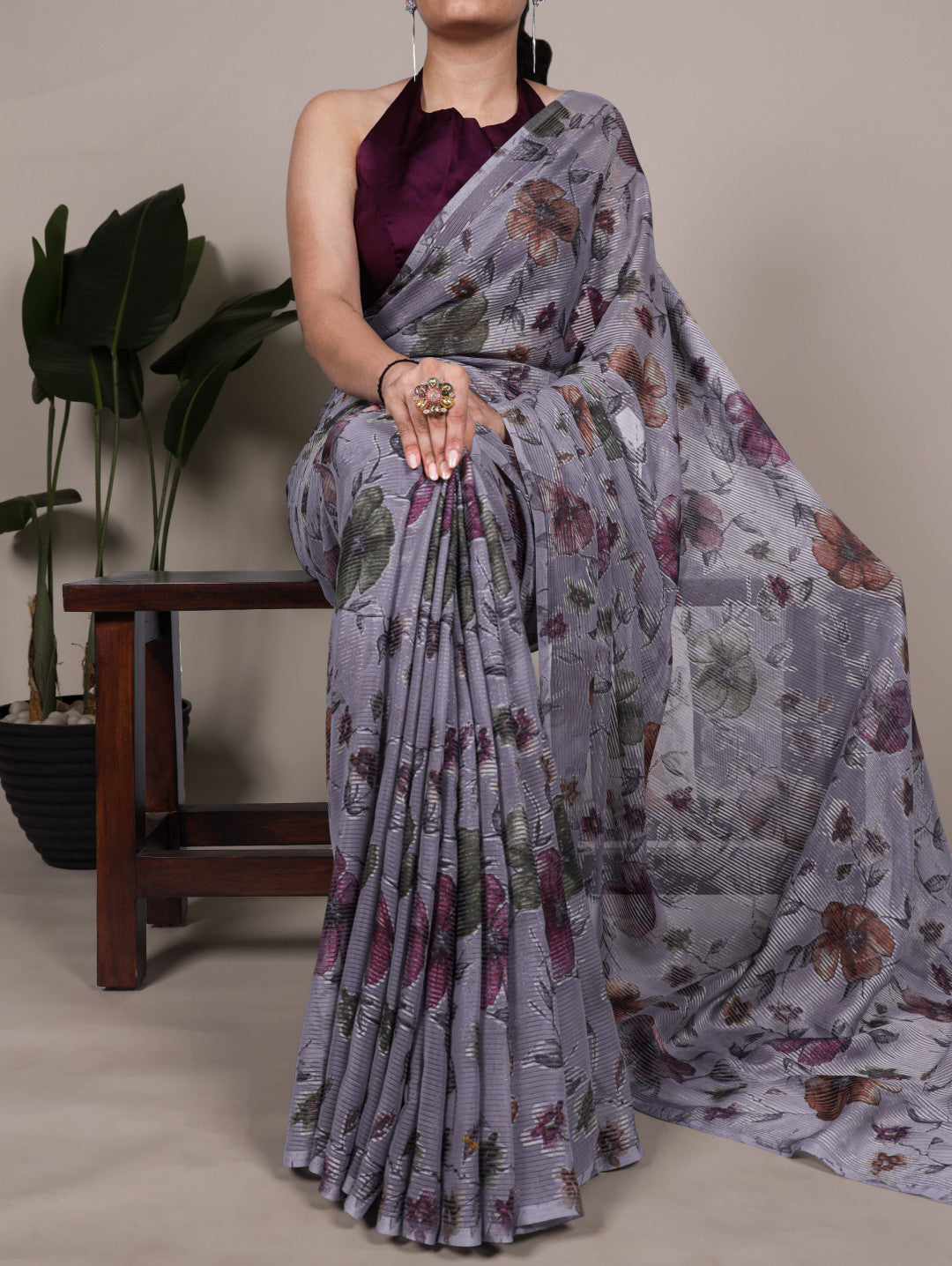 Lavender Brasso Silk Saree With Floral Print & Zari Weaving | Party & Casual Wear – JaipurSaaj