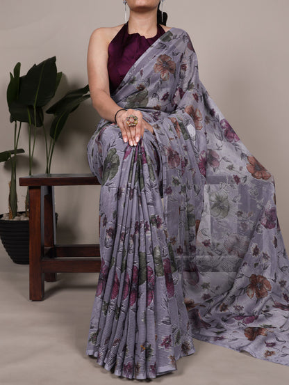 Lavender Brasso Silk Saree With Floral Print & Zari Weaving | Party & Casual Wear – JaipurSaaj