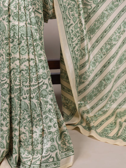 Pista Green Tussar Silk Saree With Graceful Printed Work | Festive Ethnic Wear – JaipurSaaj