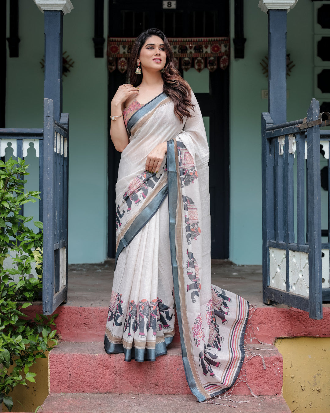 Off White Floral Digital Printed Linen Cotton Saree