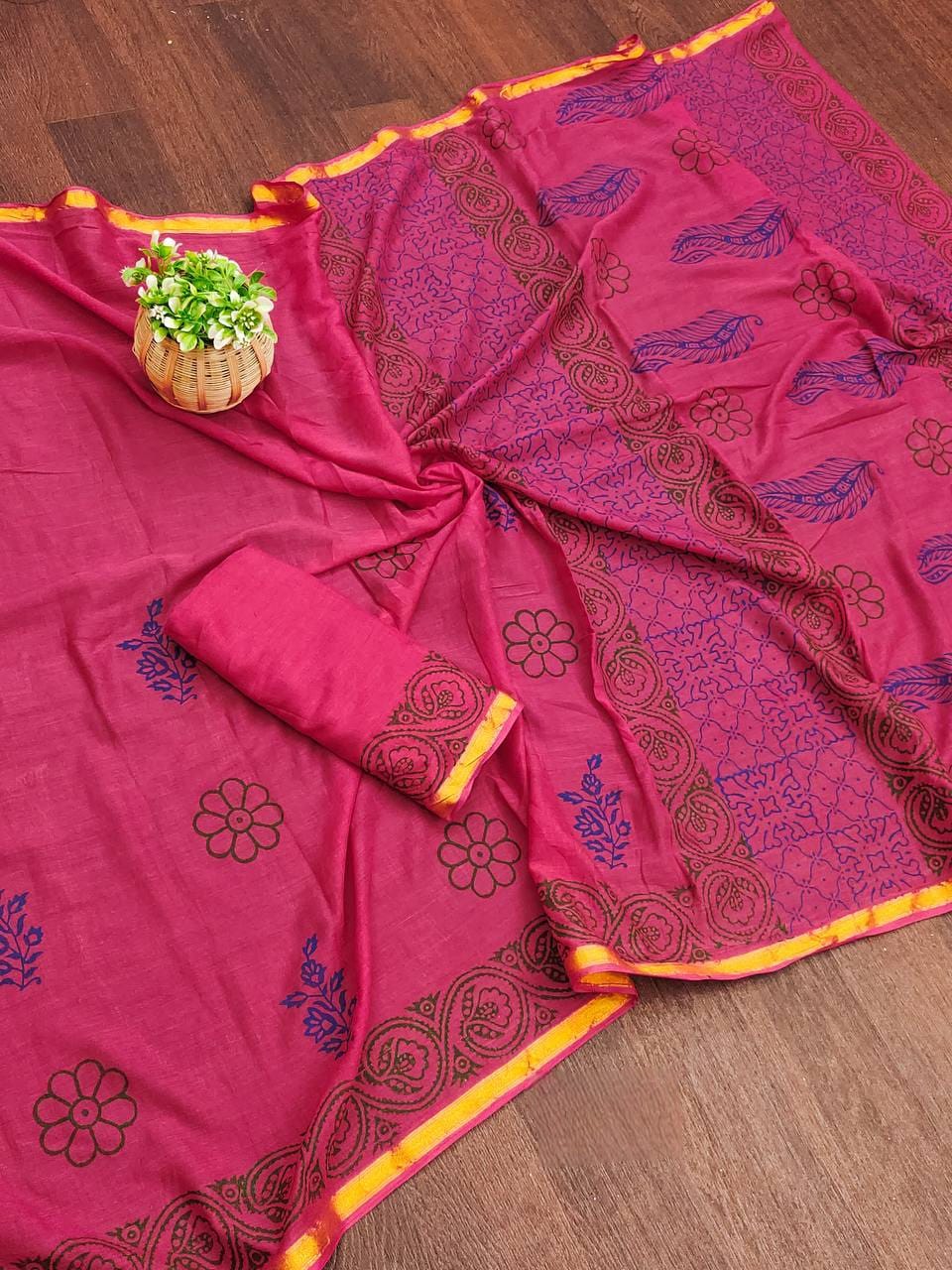 Pink Muslin Cotton Silk Saree With Hand Block Print & Zari Border | Ethnic Wear – JaipurSaaj
