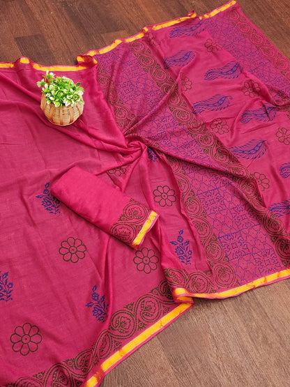 Pink Muslin Cotton Silk Saree With Hand Block Print & Zari Border | Ethnic Wear – JaipurSaaj