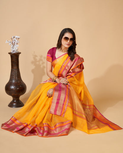 Yellow Color Kota Doriya Saree With Zari Weaving Work