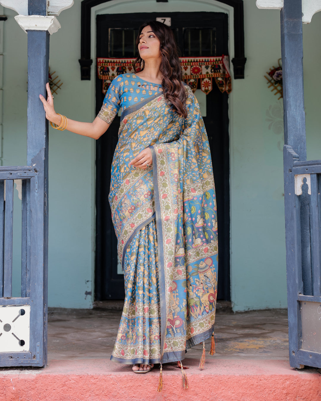 Multi Color Kalamkari Digital Printed Linen Cotton Saree | Summer Casual & Ethnic Wear – JaipurSaaj