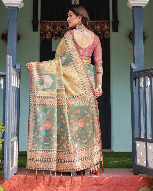 Light Yellow Soft Linen Cotton Saree With Kalamkari Printed Work