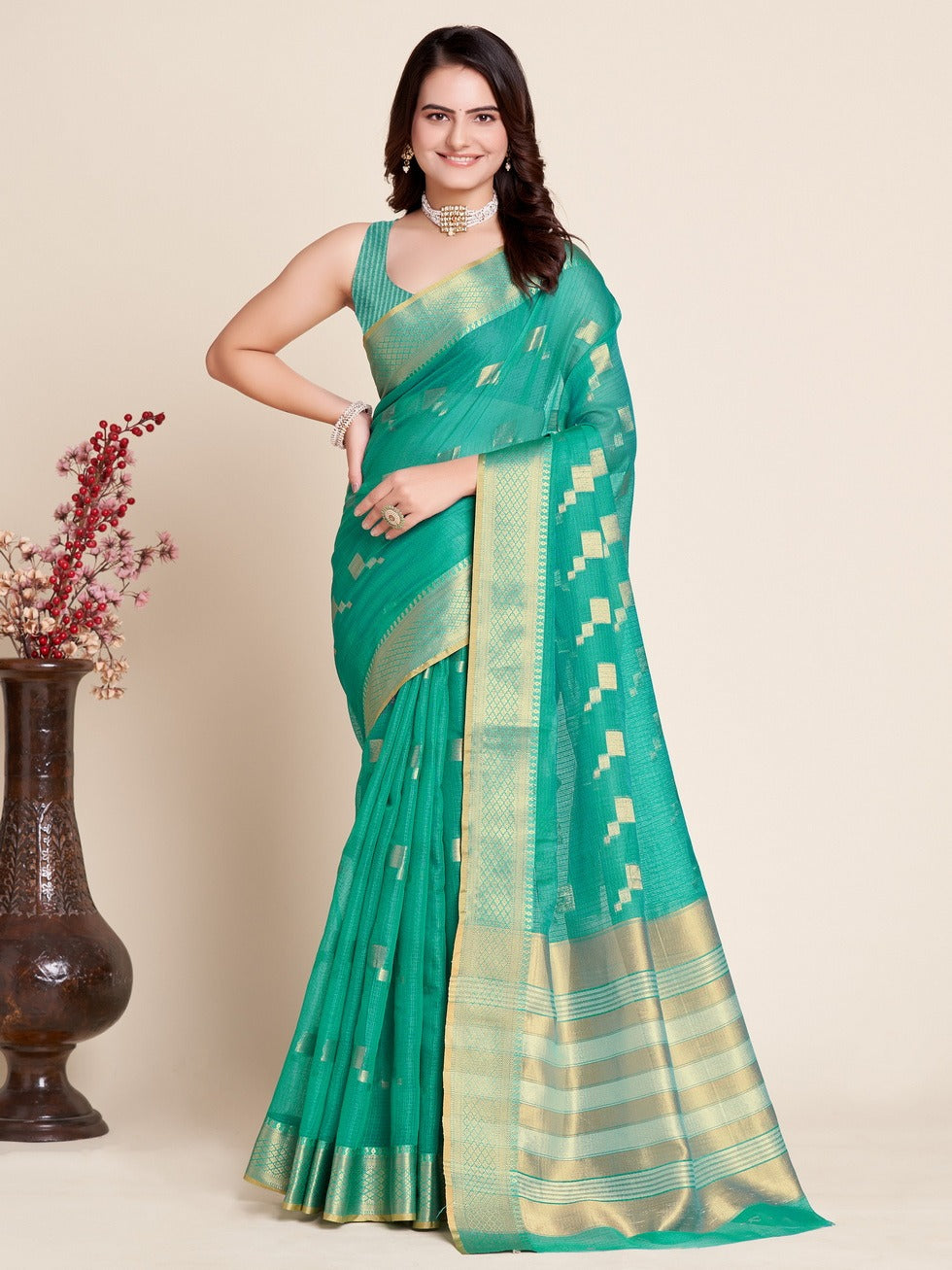 Rama Green Kota Doriya Saree With Zari Weaving Work | Lightweight Party Wear – JaipurSaaj