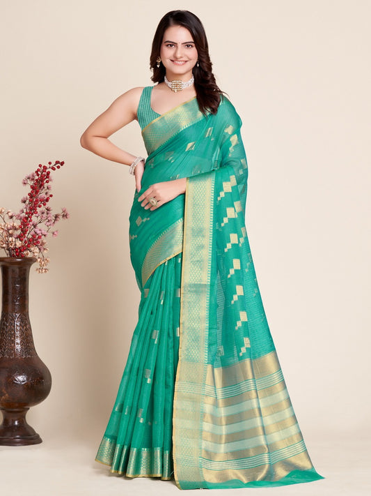 Rama Green Color Kota Doriya Saree With Zari Weaving Work