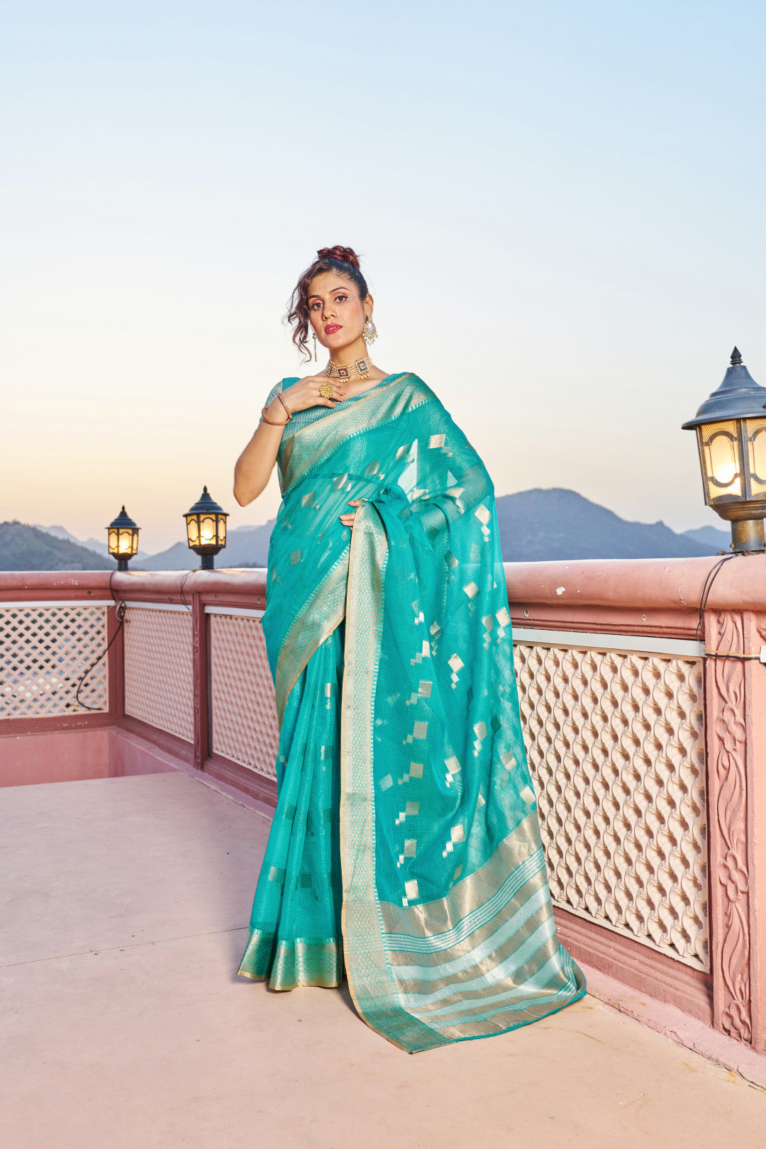 Rama Green Kota Doriya Saree With Zari Weaving Work | Party & Festive Wear – JaipurSaaj