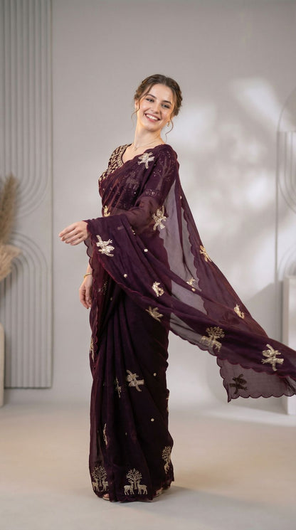 Wine Fandy Satin Silk Saree With Heavy Shine Hand Work &Cutwork Border | Wedding & Party Wear - JaipurSaaj