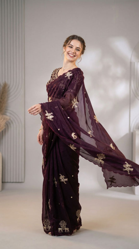 Wine Fandy Satin Silk Saree With Heavy Shine Hand Work &Cutwork Border | Wedding & Party Wear - JaipurSaaj