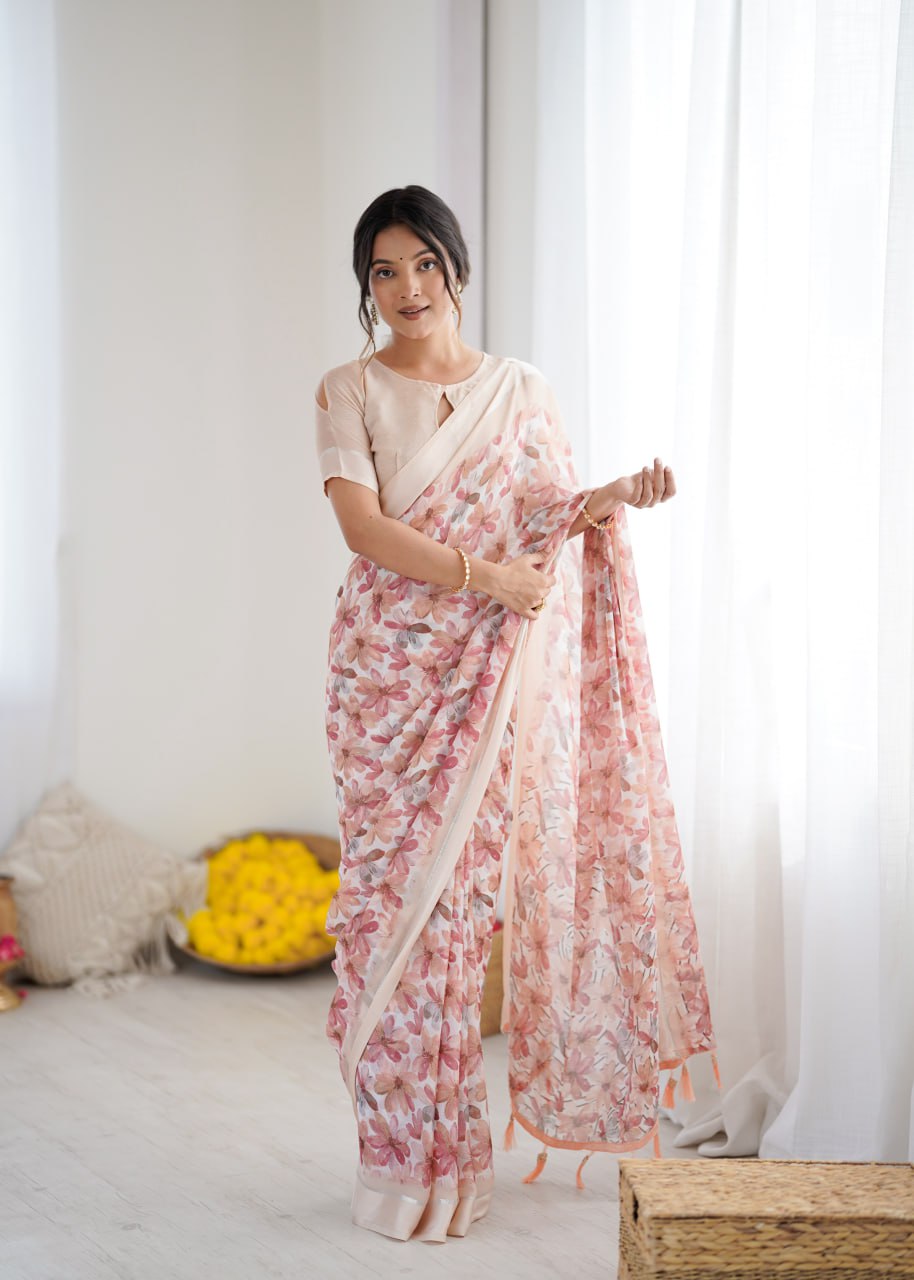 Peach Linen Cotton Saree With Flower Digital Printed Work