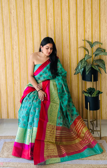 Sky Blue Soft Cotton Saree With Jacquard Border