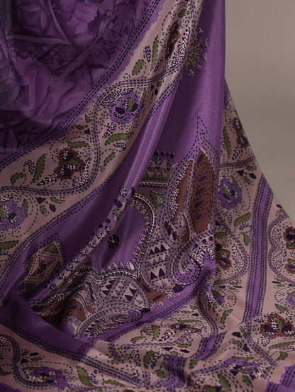 Purple Crepe Silk Saree with Digital Print & Kalamkari Pallu | Designer Festive Ethnic Wear – JaipurSaaj