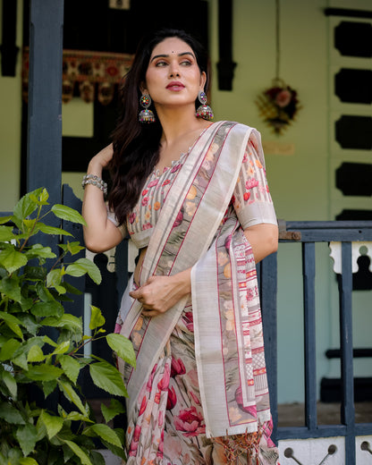 Multi Color Digital Printed Linen Cotton Saree | Summer Special Casual & Office Wear – JaipurSaaj