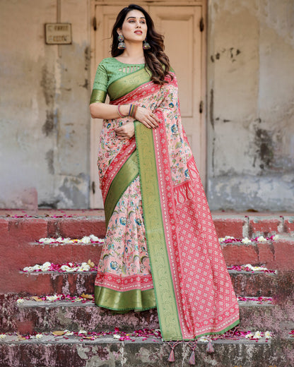 Blush Pink Digital Printed Tussar Silk Saree With Zari Motif Border | Designer Festive Ethnic Wear – JaipurSaaj