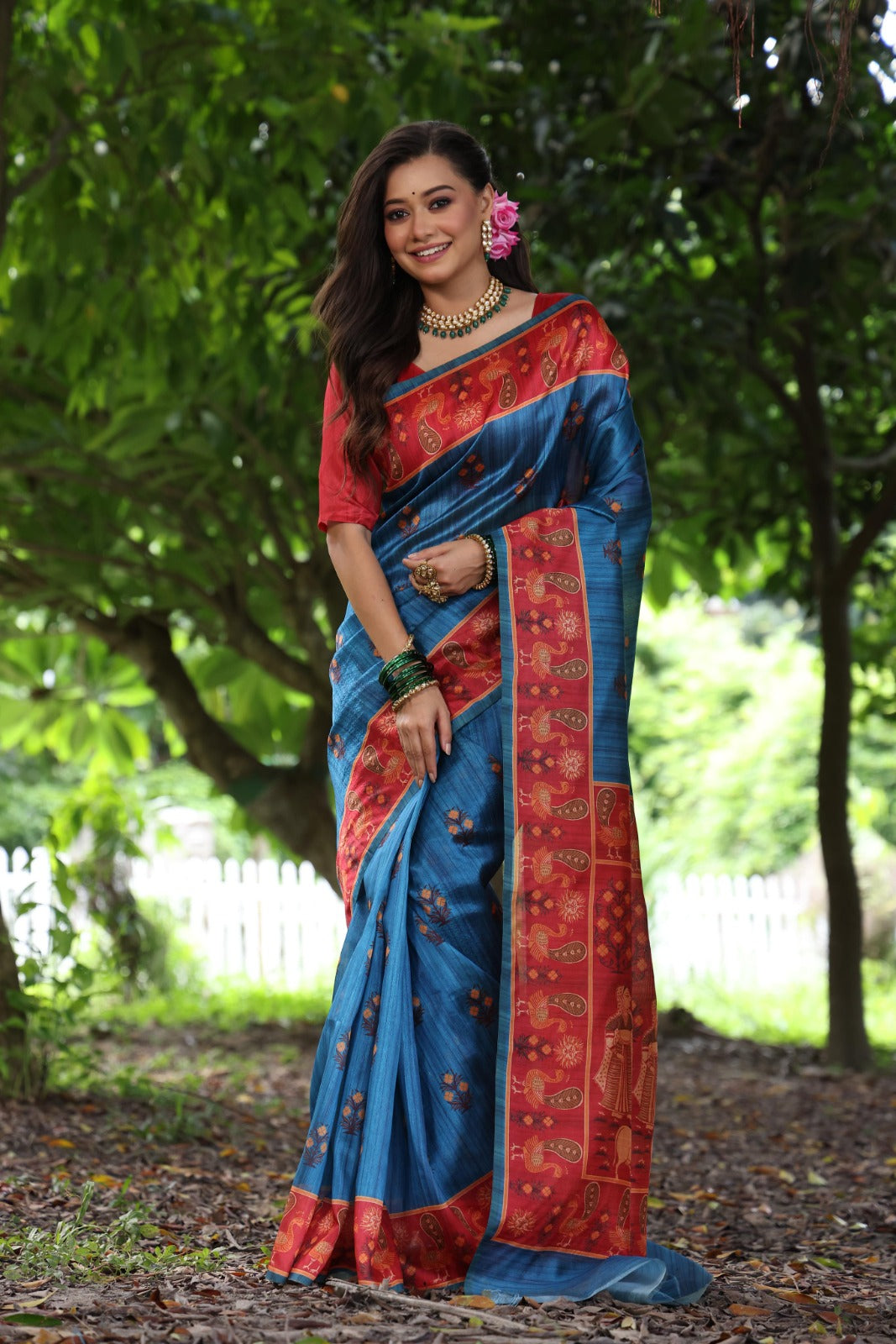Firoji Peacock Printed Tussar Silk Saree | Traditional Festive Ethnic Wear – JaipurSaaj