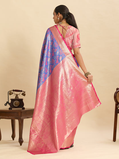 Blue Kanjivaram Silk Saree with Zari Weaving Work & Big Border | Bridal Wedding Wear – JaipurSaaj