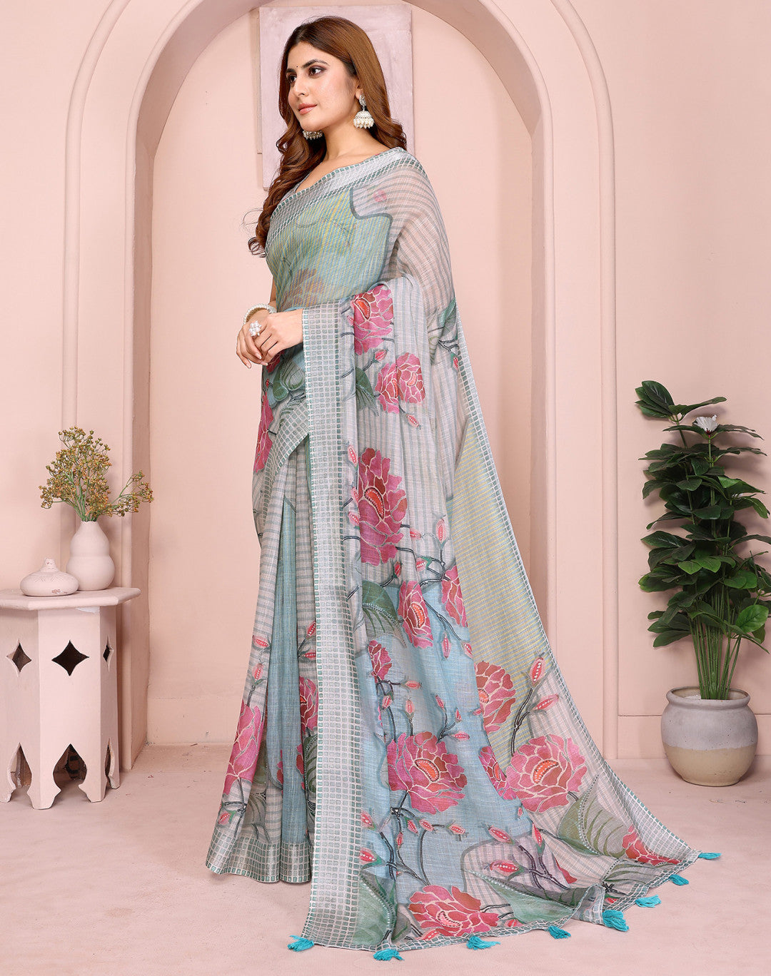 Multi Linen Cotton Saree With Digital Printed Work And Silver Zari Border