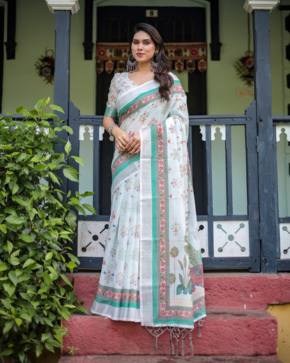 White Summer Special Digital Printed Linen Cotton Saree